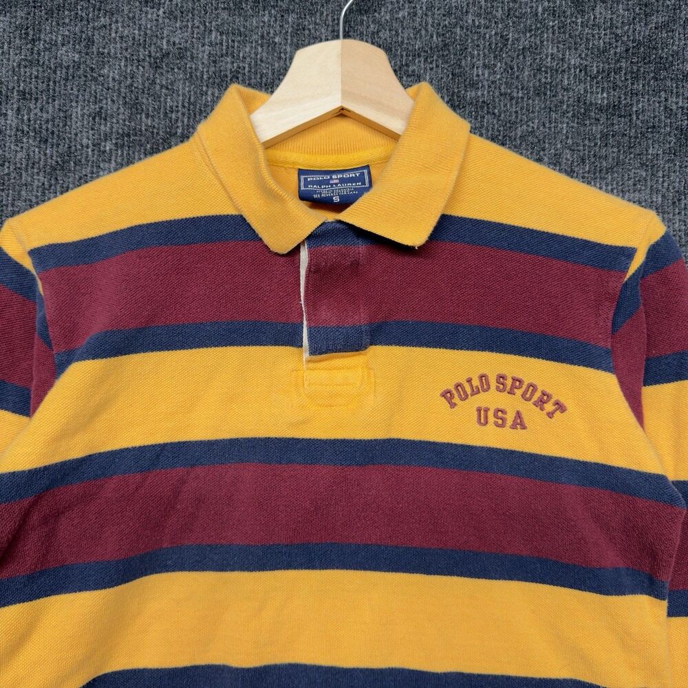 Vintage Polo Sport Ralph Lauren Rugby Shirt Small Youth Boys Yellow Burgundy Y2K